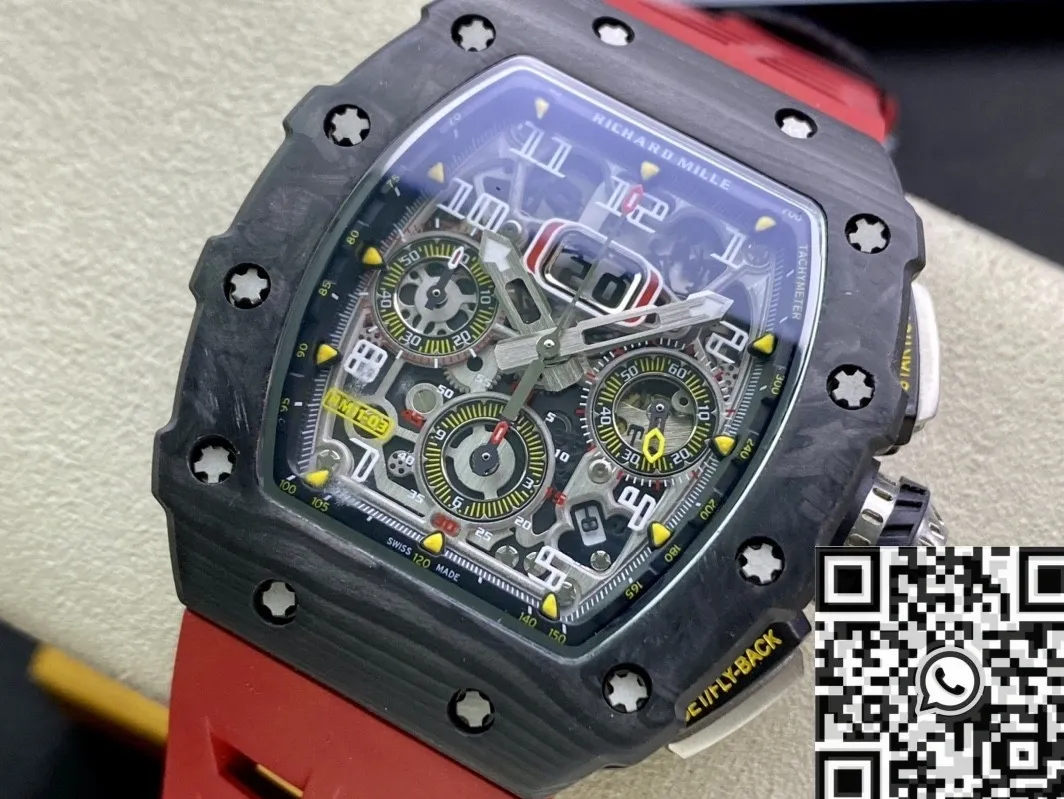 Richard Mille RM011-03 Carbon Fiber Case With Red Rubber Strap Watch KV Factory RelaxedFit 2537