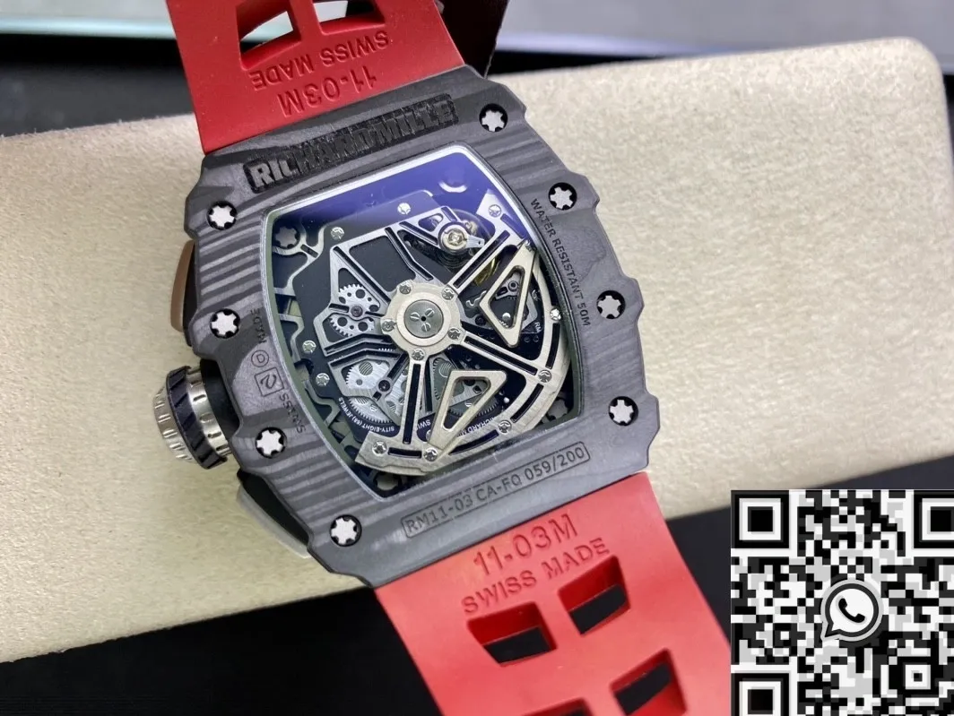 Richard Mille RM011-03 Carbon Fiber Case With Red Rubber Strap Watch KV Factory RelaxedFit 2537