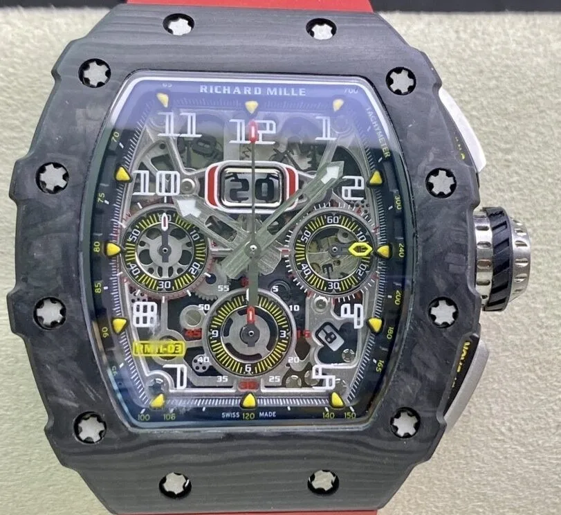 QuickDry Richard Mille RM011-03 Carbon Fiber Case With Red Rubber Strap Watch KV Factory 2535
