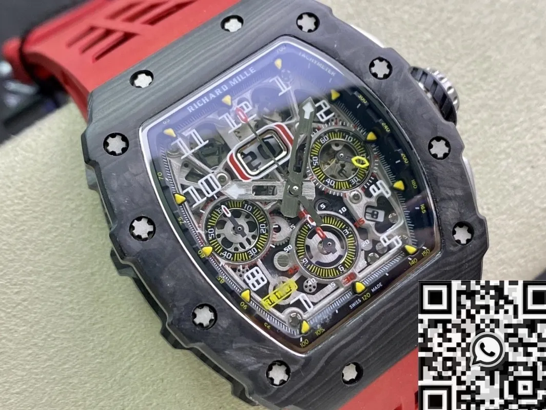 QuickDry Richard Mille RM011-03 Carbon Fiber Case With Red Rubber Strap Watch KV Factory 2535