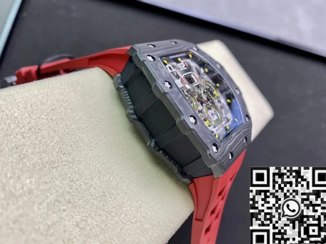 QuickDry Richard Mille RM011-03 Carbon Fiber Case With Red Rubber Strap Watch KV Factory 2535
