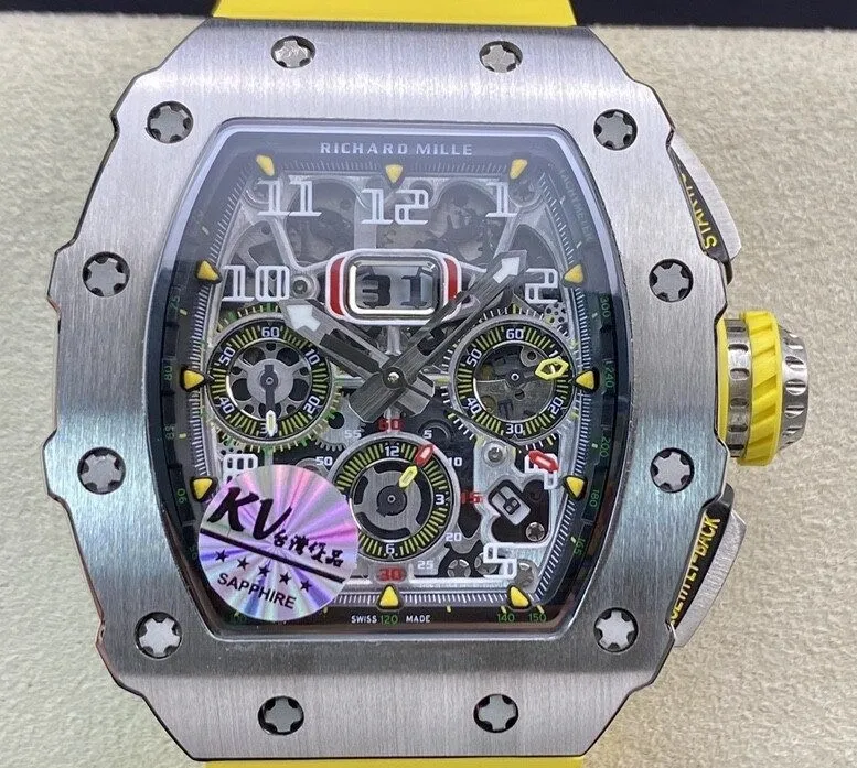 Richard Mille RM011-03 Titanium Shell Yellow Rubber Strap Watch KV Factory Durable 2539