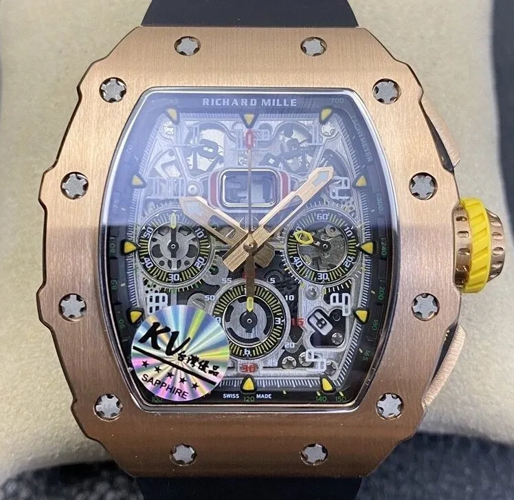 Casual Richard Mille RM011 Rose Gold Black Rubber Strap Case Watch KV Factory 2530