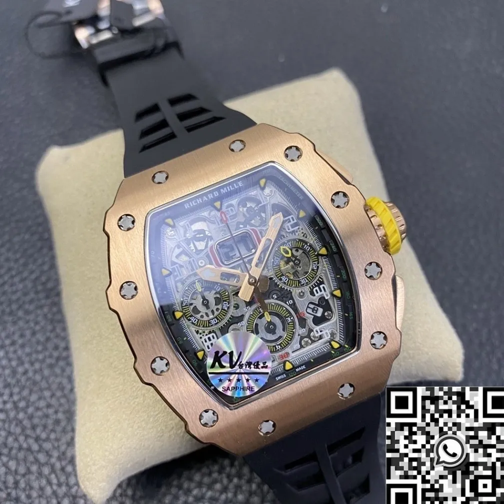 Casual Richard Mille RM011 Rose Gold Black Rubber Strap Case Watch KV Factory 2530