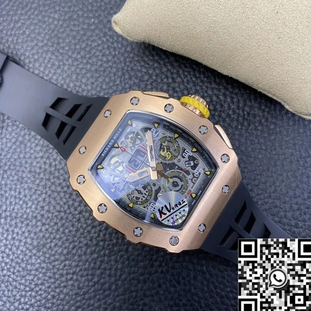 Casual Richard Mille RM011 Rose Gold Black Rubber Strap Case Watch KV Factory 2530
