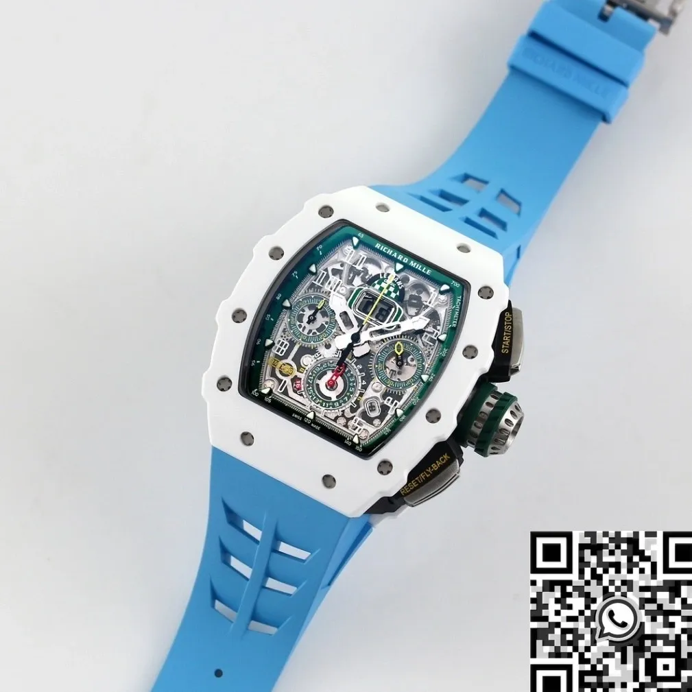 WaterResistant Richard Mille RM11 White Ceramic Blue Rubber Strap Watch KV Factory 2566