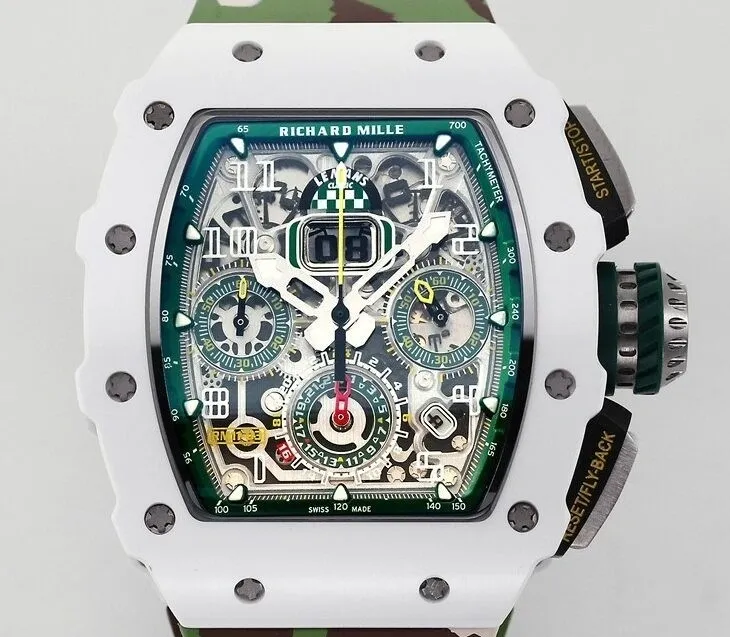 Richard Mille RM11 White Ceramic Camouflage Rubber Strap Watch KV Factory Elegant 2568