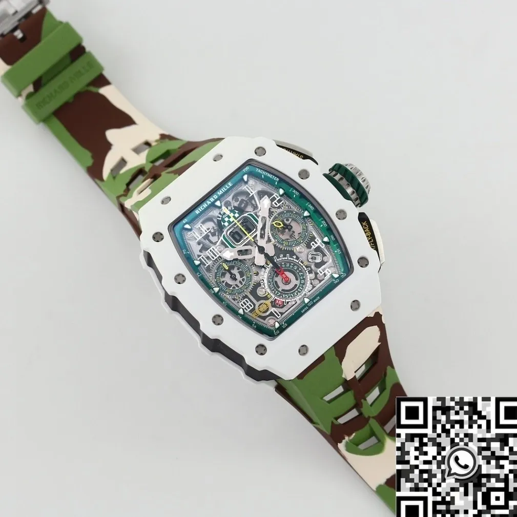 Richard Mille RM11 White Ceramic Camouflage Rubber Strap Watch KV Factory Elegant 2568