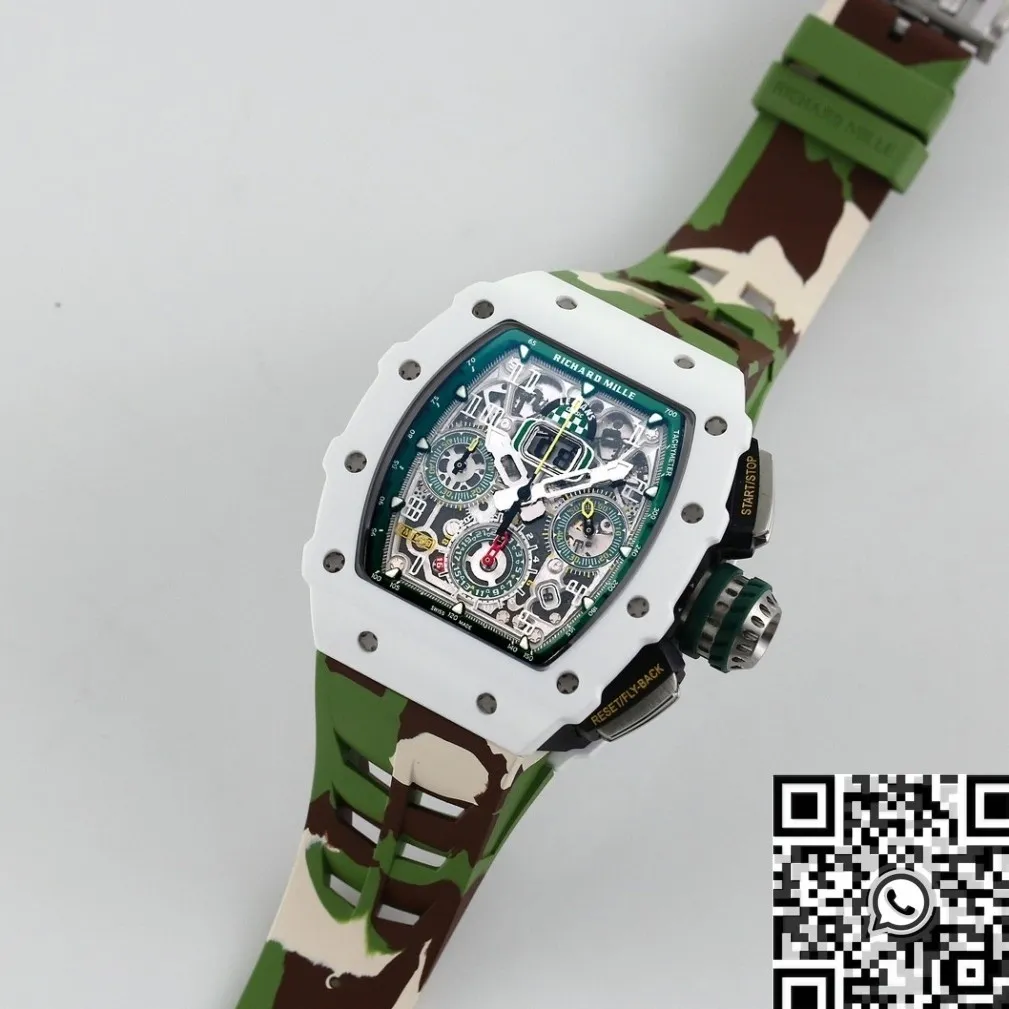 Richard Mille RM11 White Ceramic Camouflage Rubber Strap Watch KV Factory Elegant 2568