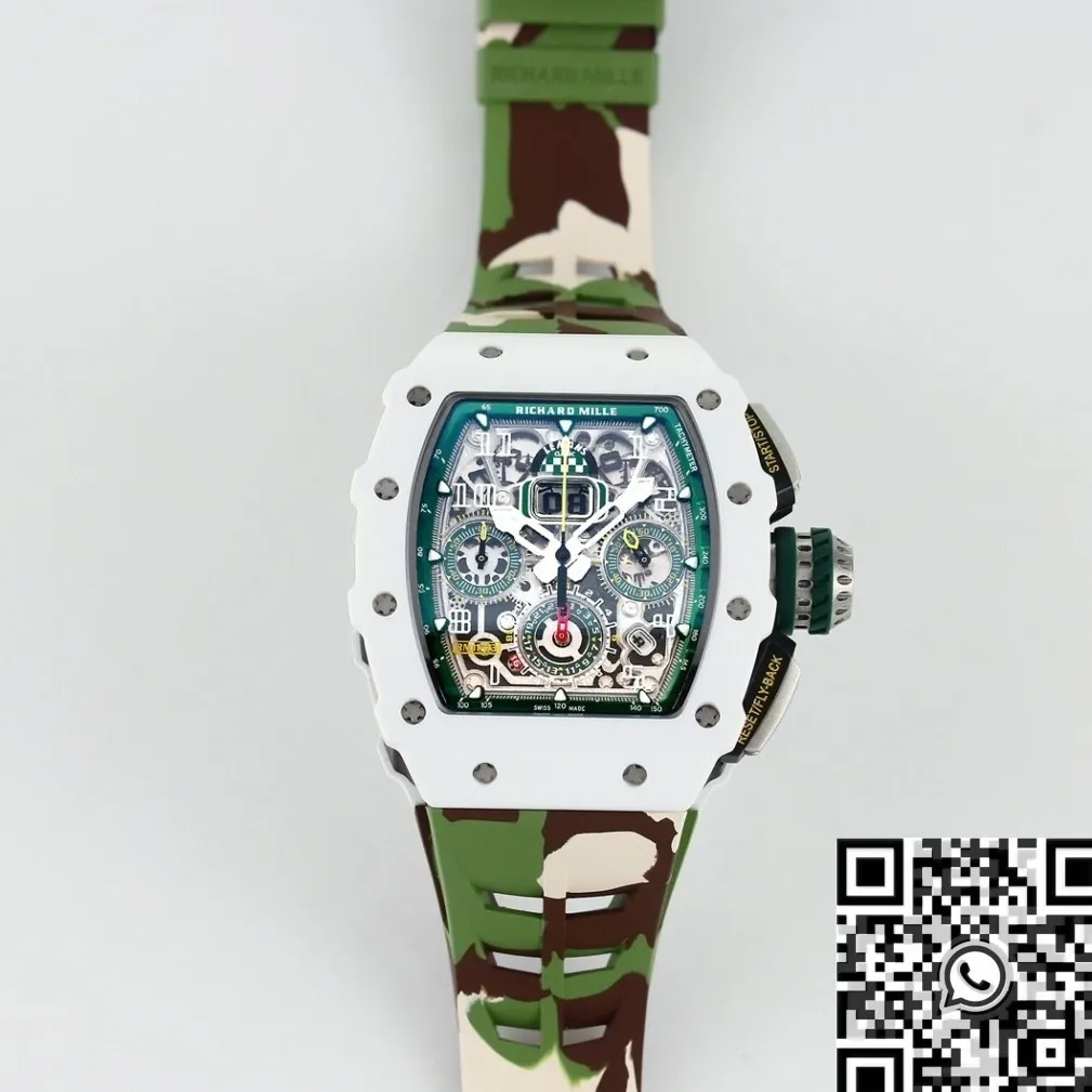 Richard Mille RM11 White Ceramic Camouflage Rubber Strap Watch KV Factory Elegant 2568