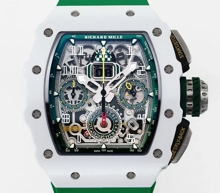 Richard Mille RM11 White Ceramic Green Rubber Strap Watch KV Factory Bold 2569