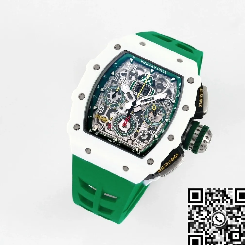 Richard Mille RM11 White Ceramic Green Rubber Strap Watch KV Factory Bold 2569