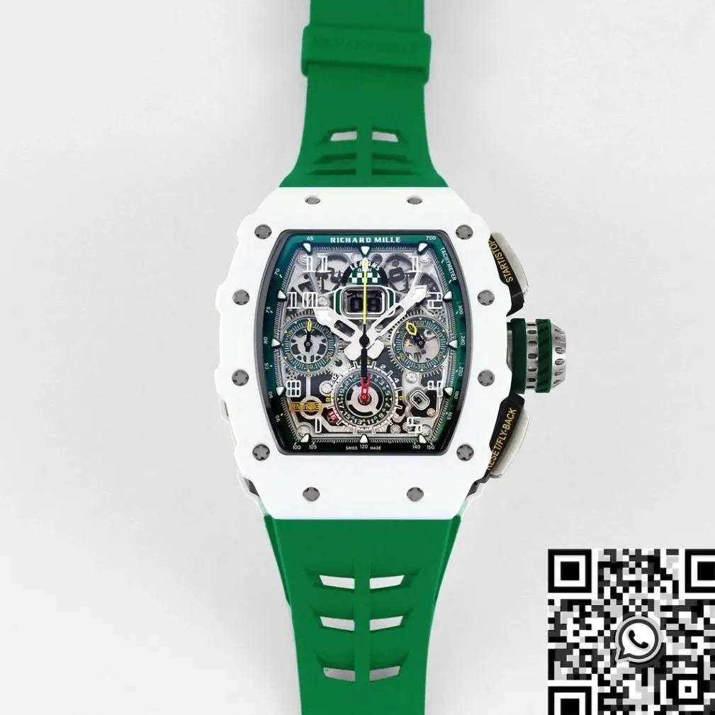 Richard Mille RM11 White Ceramic Green Rubber Strap Watch KV Factory Bold 2569