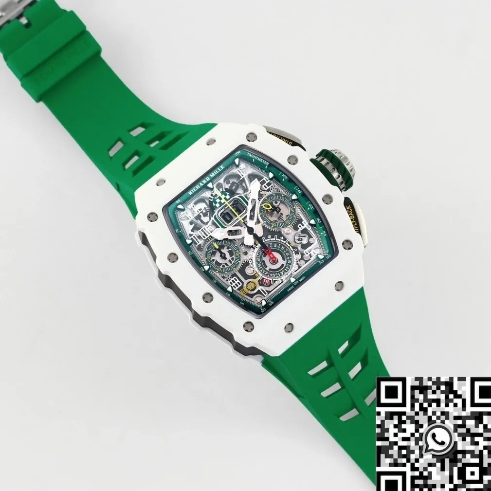 Richard Mille RM11 White Ceramic Green Rubber Strap Watch KV Factory Bold 2569