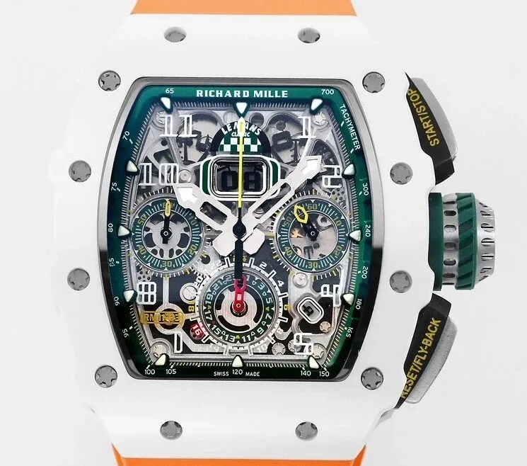 Minimalist Richard Mille RM11 White Ceramic Orange Rubber Strap Watch KV Factory 2572