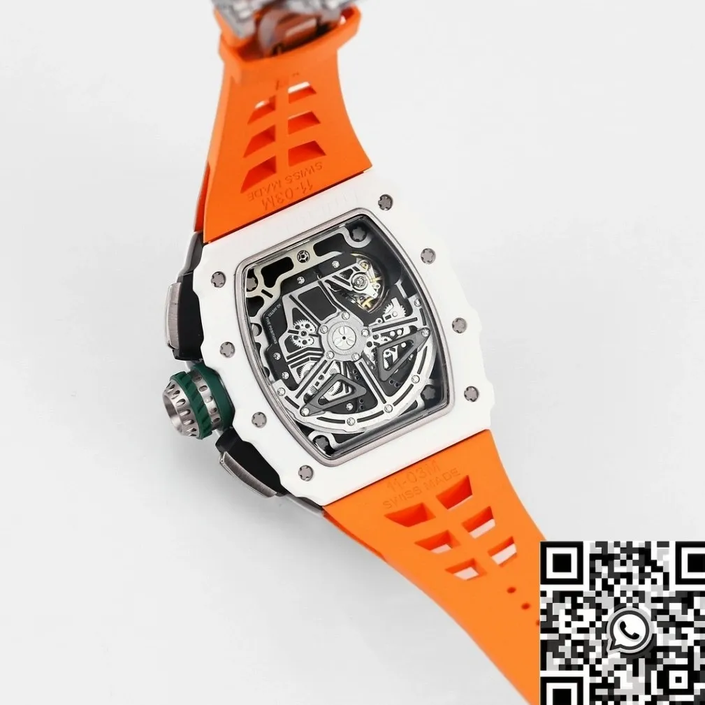 Minimalist Richard Mille RM11 White Ceramic Orange Rubber Strap Watch KV Factory 2572
