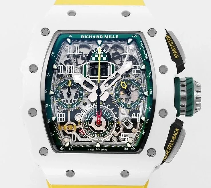Richard Mille RM11 White Ceramic Yellow Rubber Strap Watch KV Factory MultiPurpose 2573