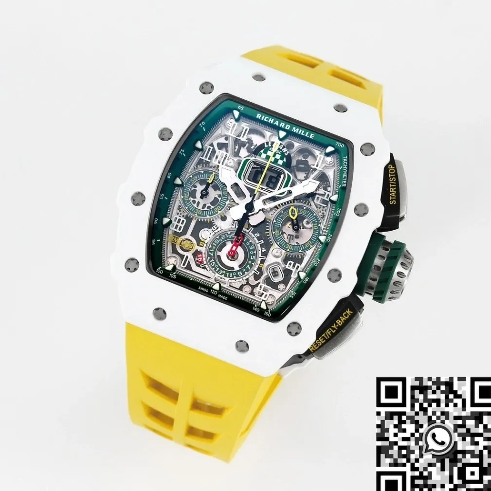 Richard Mille RM11 White Ceramic Yellow Rubber Strap Watch KV Factory MultiPurpose 2573