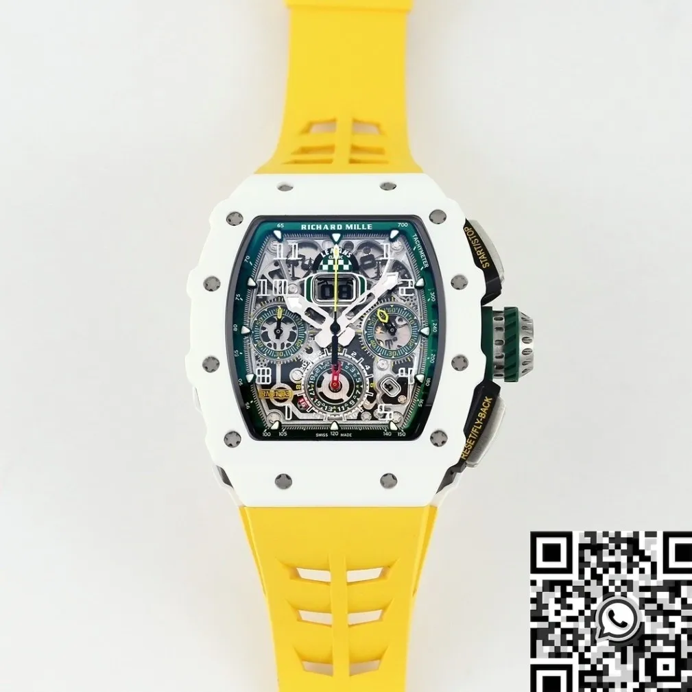 Richard Mille RM11 White Ceramic Yellow Rubber Strap Watch KV Factory MultiPurpose 2573