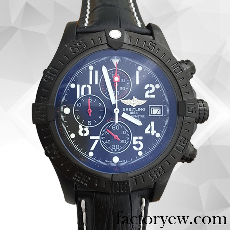 EW Breitling Avenger M13370 46mm Men’s Fake Black Dial Leather Strap