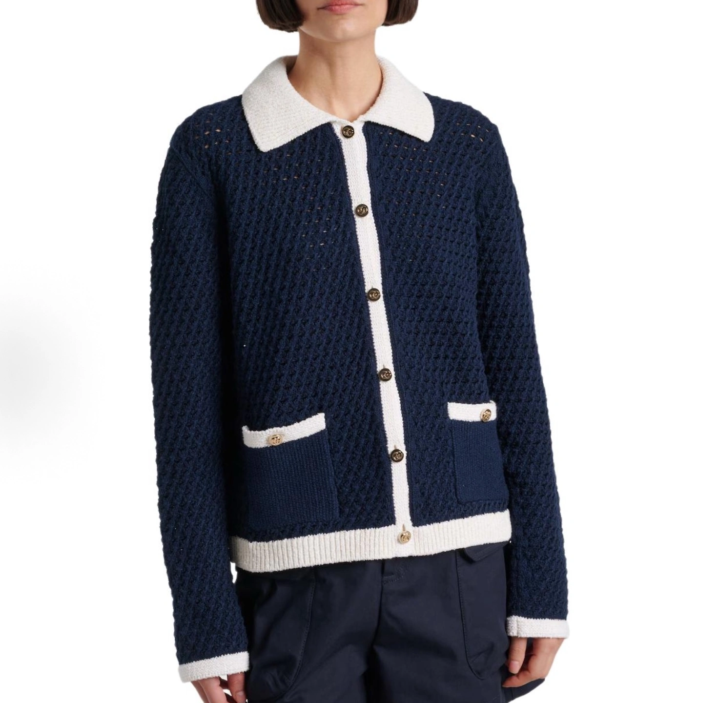 Victoria-- 6u33i Gucci Navy Open-Knit Cardigan with Contrast White Trim item:E-F140L1021H