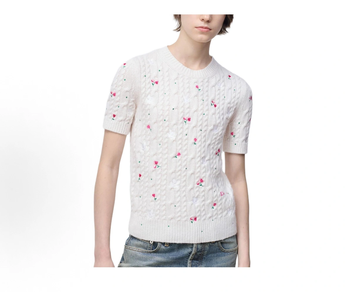 Victoria-- 4ior Rose Embroidered Cable-Knit Cashmere Short-Sleeve Sweater item:F-F140A1401H