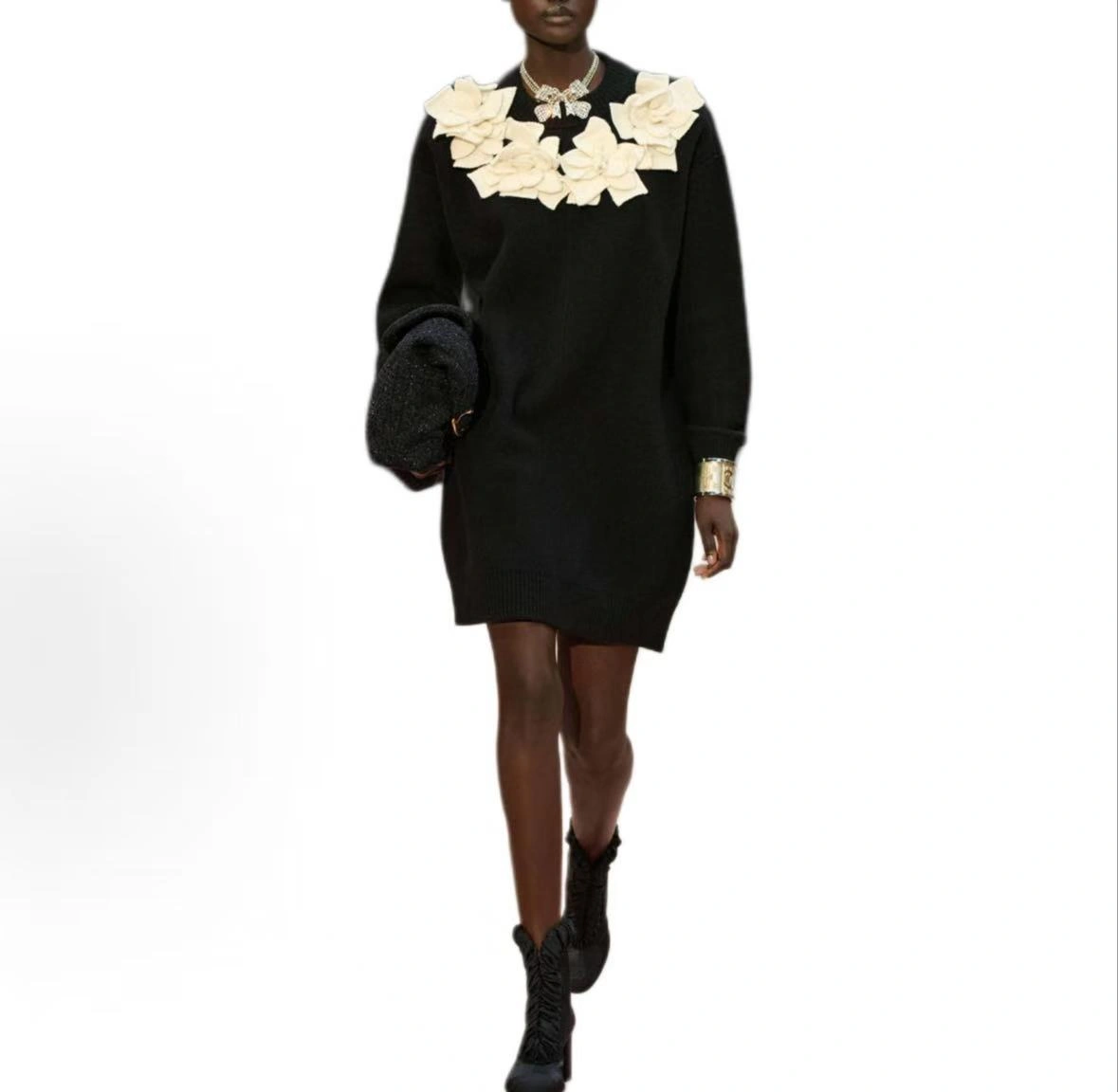 Victoria-- 3h1958 Black Knit Tunic with 3D Camellia Appliqués wool item:E-F140L2730H