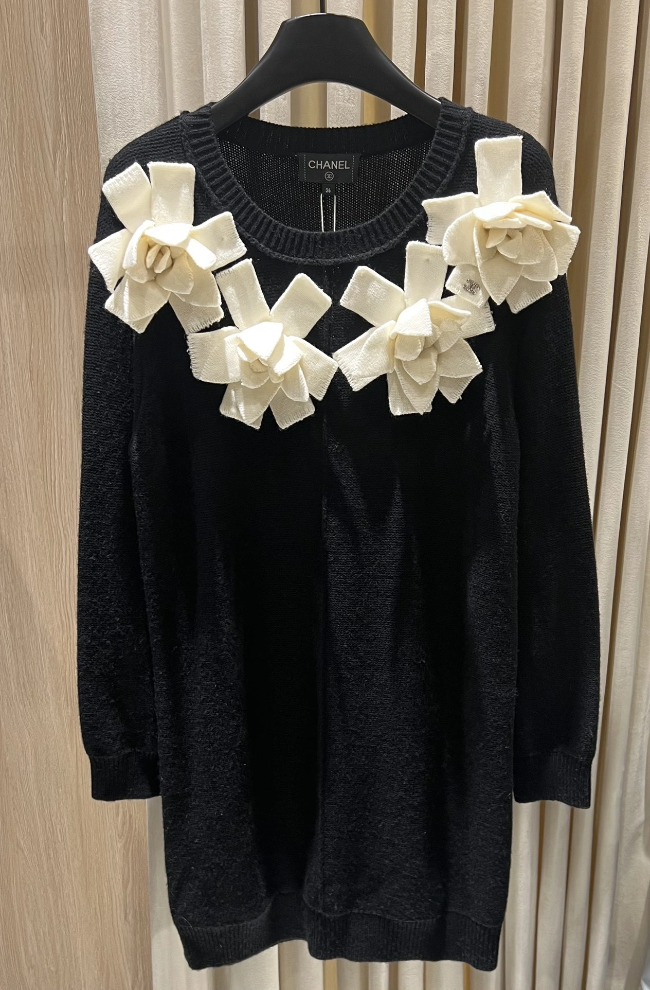 Victoria-- 3h1958 Black Knit Tunic with 3D Camellia Appliqués wool item:E-F140L2730H
