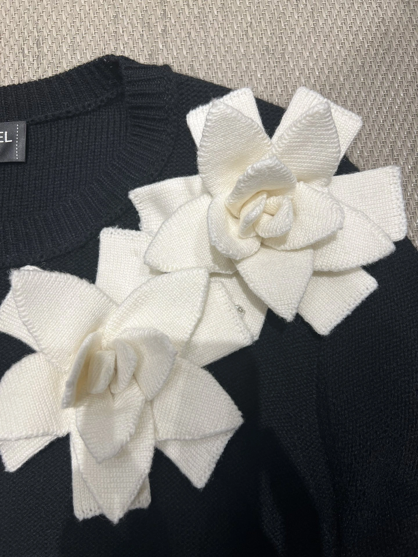 Victoria-- 3h1958 Black Knit Tunic with 3D Camellia Appliqués wool item:E-F140L2730H