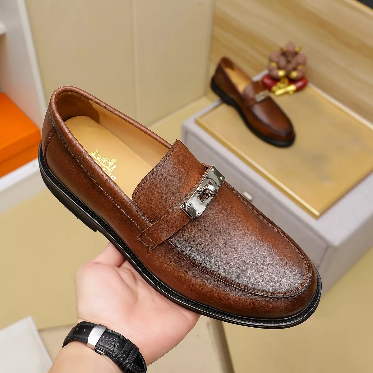 Classic 7539 Hermes Leather Shoes For Men