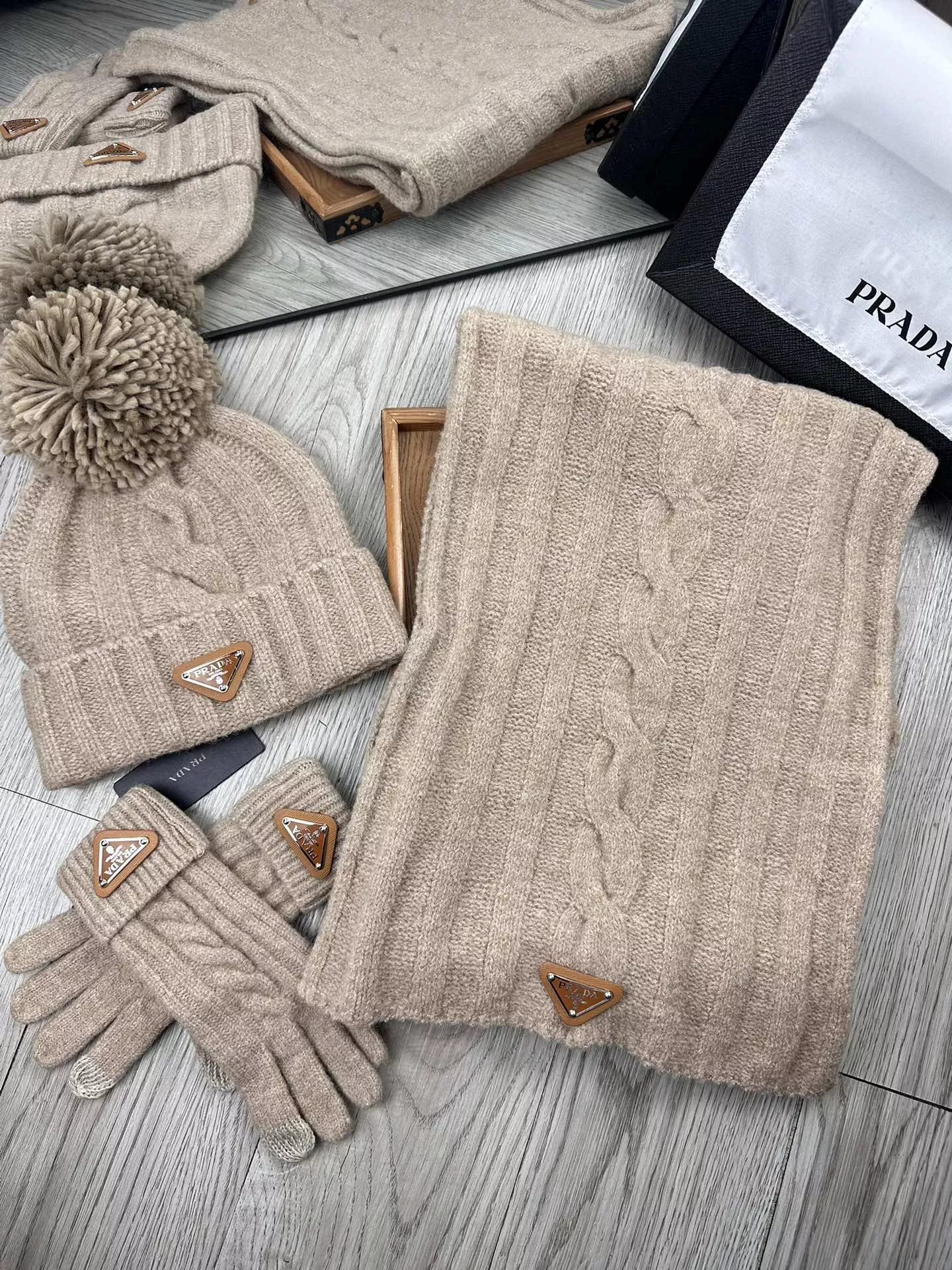 Prada Hat and Scarf and Glove Set Sleek 1597