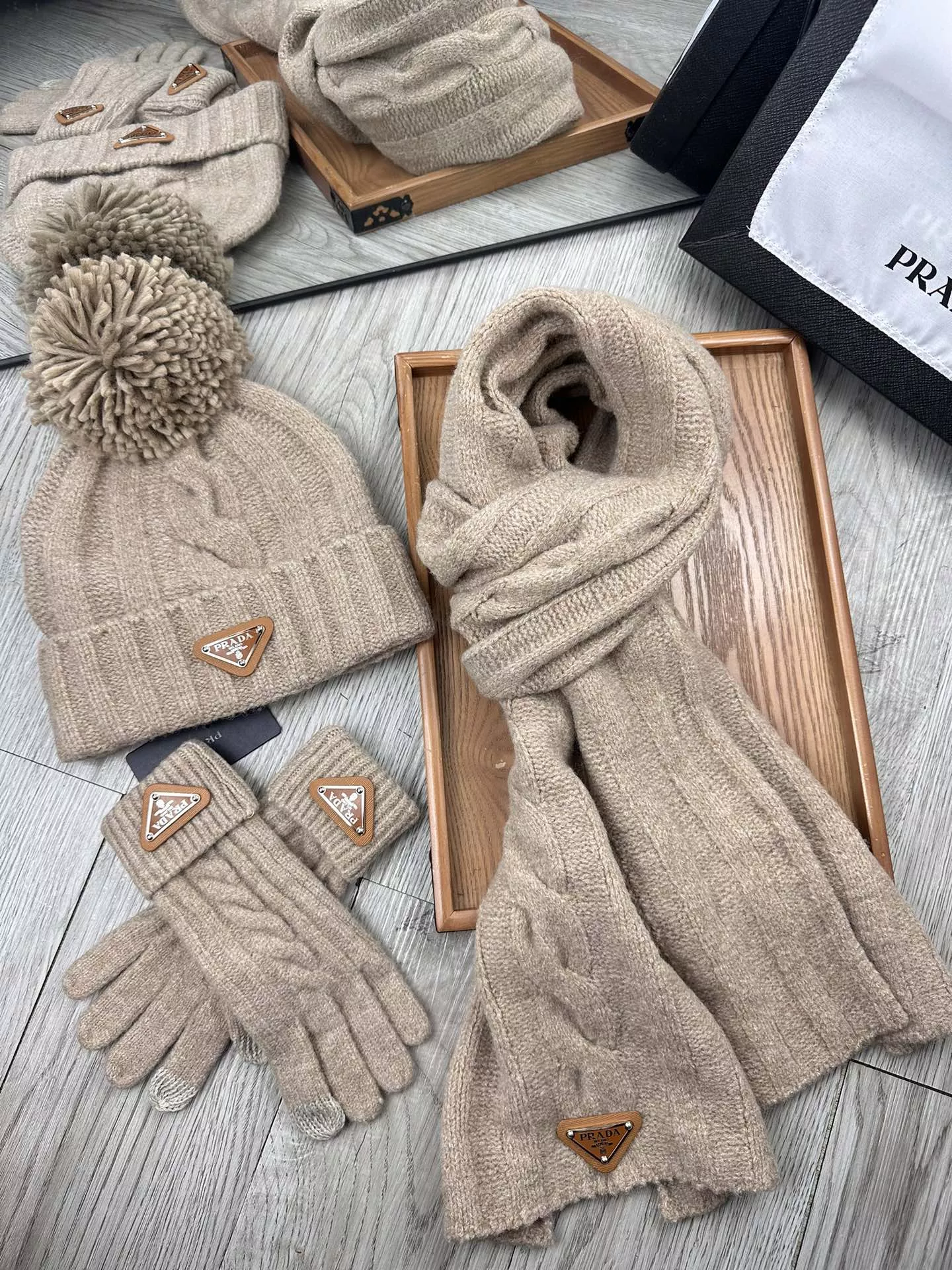 Prada Hat and Scarf and Glove Set Sleek 1597
