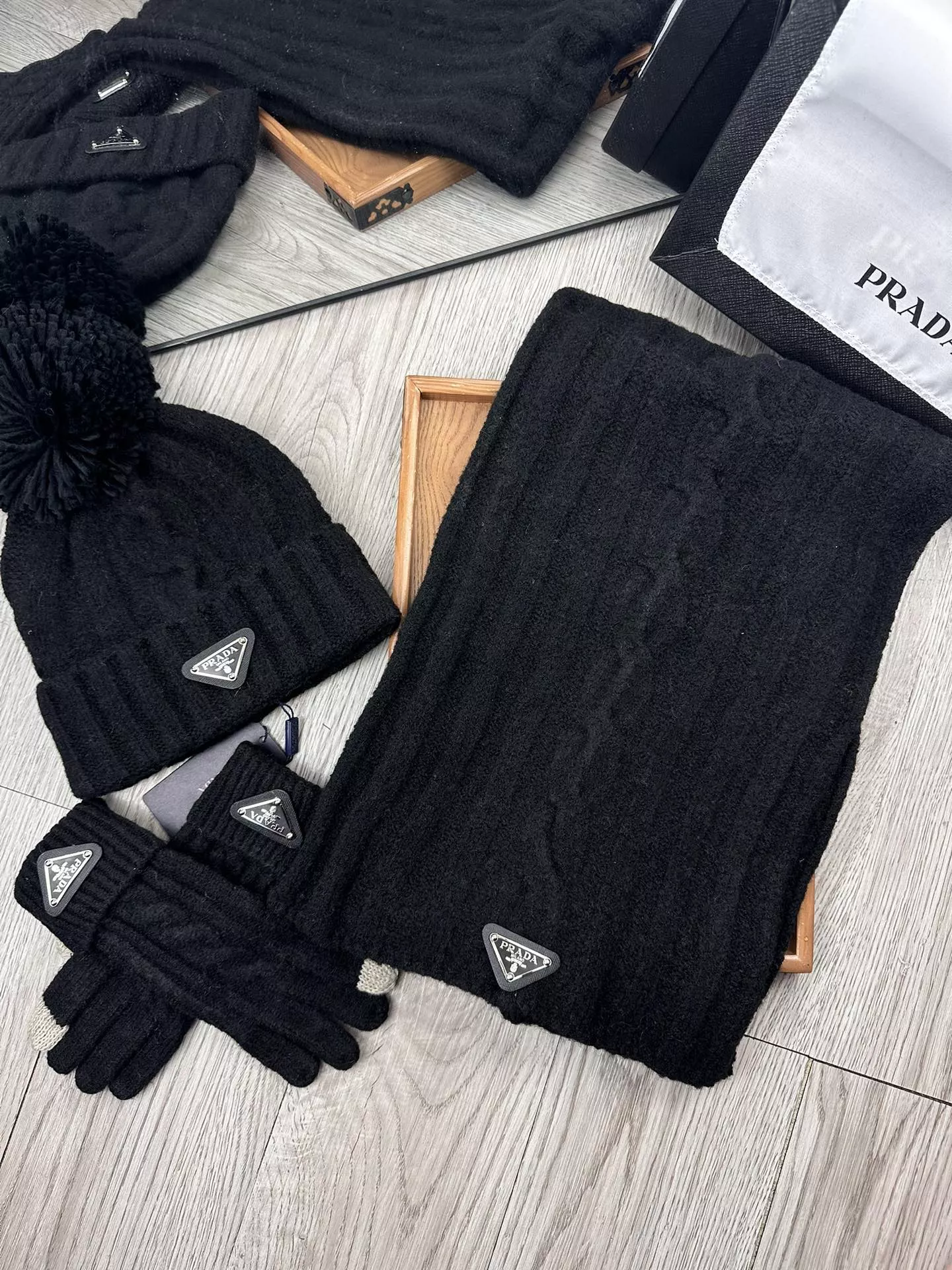 Prada Hat and Scarf and Glove Set Trendy 8982