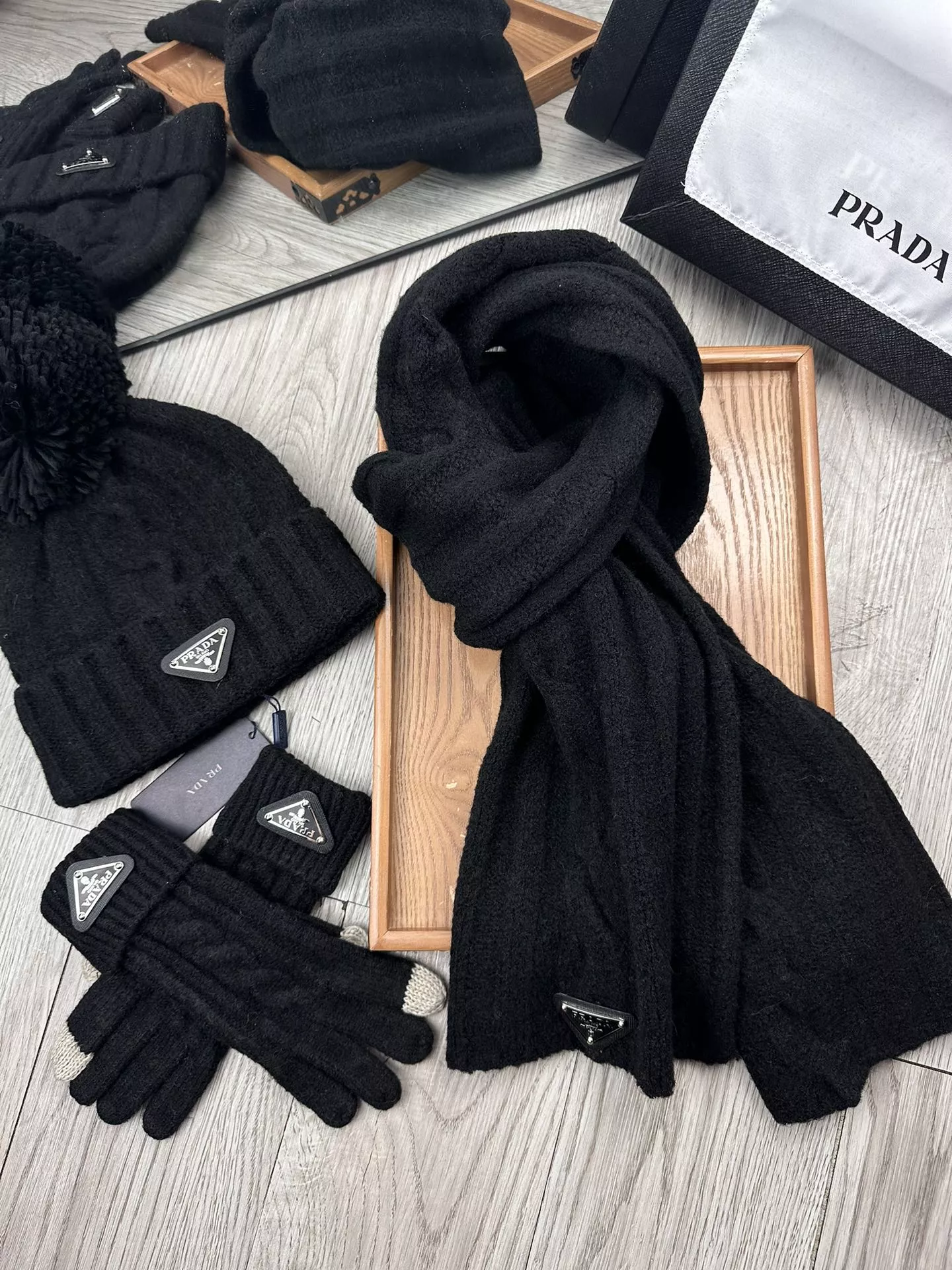 Prada Hat and Scarf and Glove Set Trendy 8982