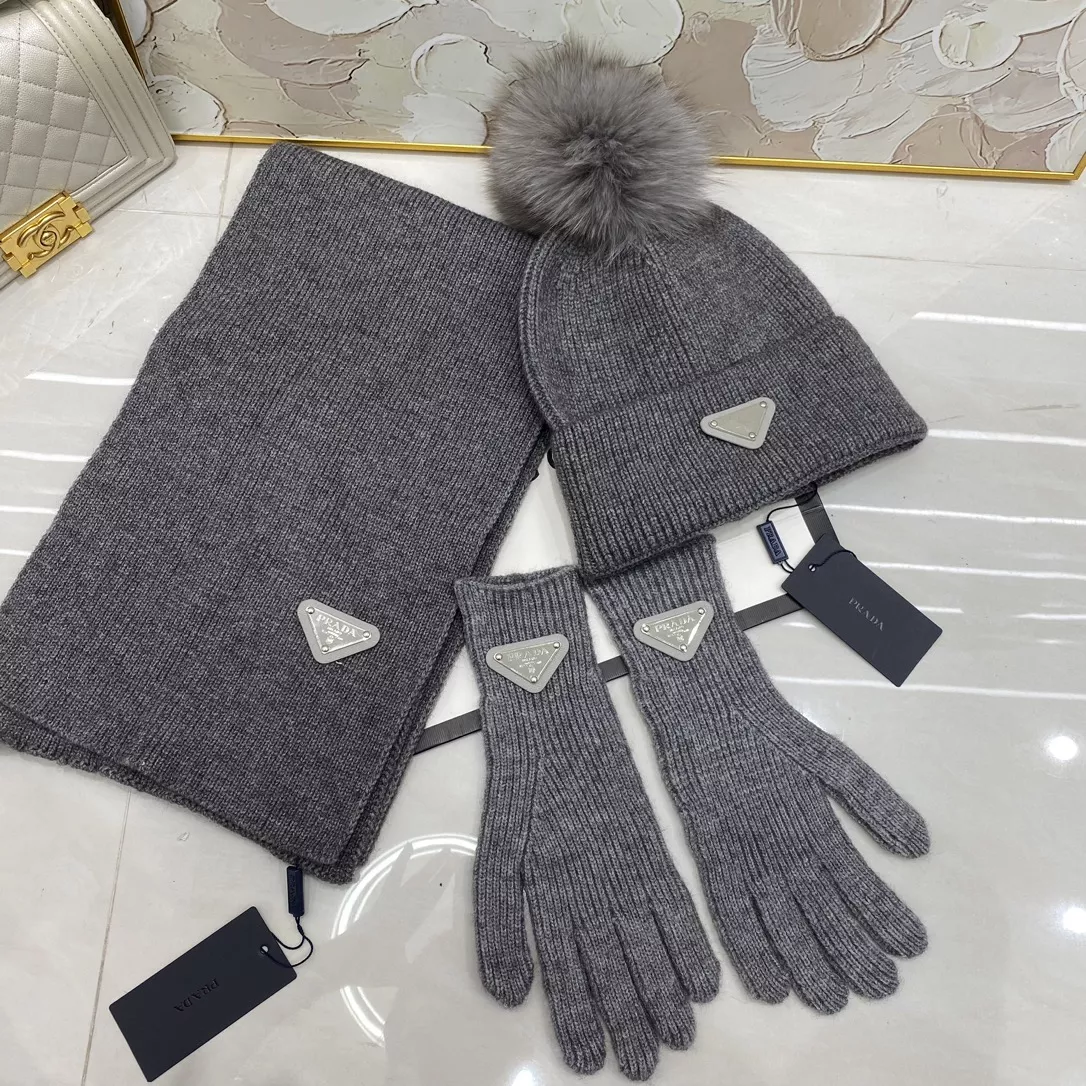 Unique 9383 Prada Hat and Scarf and Glove Set