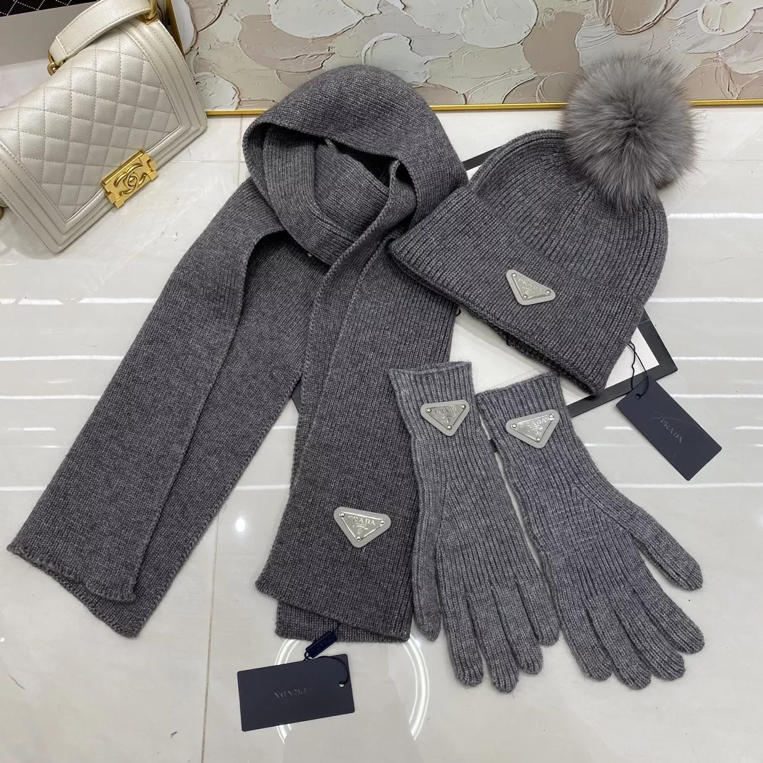 Unique 9383 Prada Hat and Scarf and Glove Set