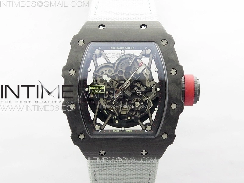RM035-02 Forged Carbon Case KUF Best Edition Red Crown on Gray Nylon Strap MIYOTA8215