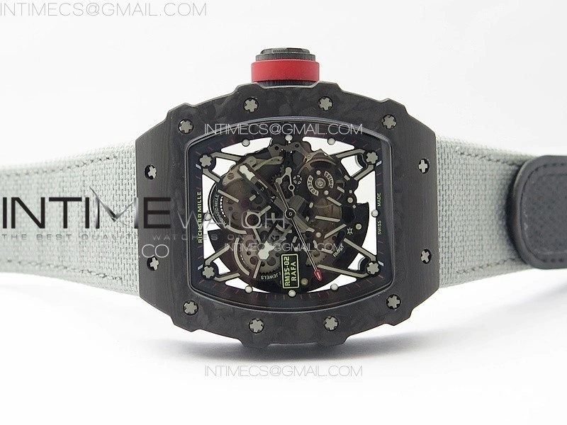 RM035-02 Forged Carbon Case KUF Best Edition Red Crown on Gray Nylon Strap MIYOTA8215