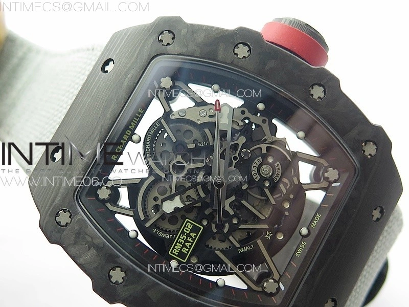 RM035-02 Forged Carbon Case KUF Best Edition Red Crown on Gray Nylon Strap MIYOTA8215