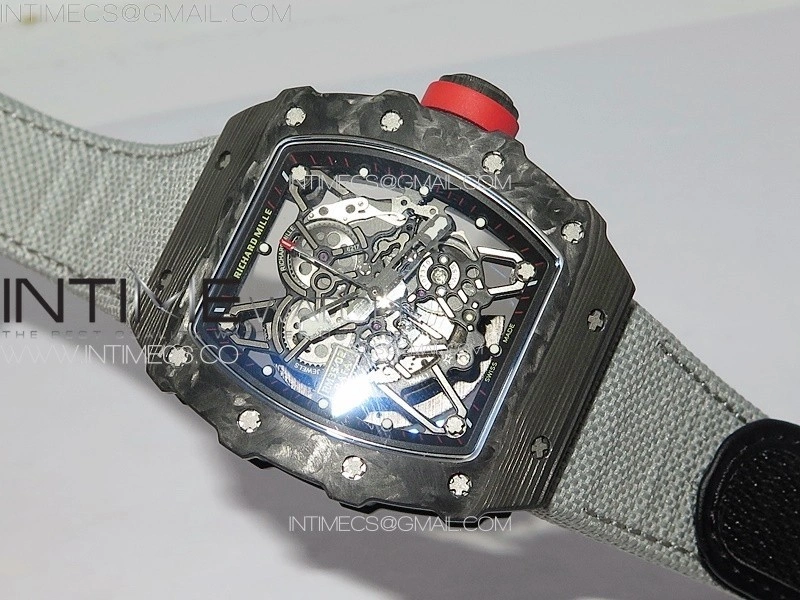 RM035-02 Forged Carbon Case KUF Best Edition Red Crown on Gray Nylon Strap MIYOTA8215