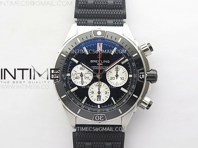Chronomat B01 44mm SS BLSF 1:1 Best Edition Black Dial Silver Subdial on Black Rubber Strap A7750 to Cal.01
