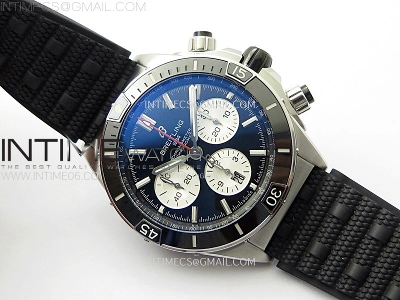 Chronomat B01 44mm SS BLSF 1:1 Best Edition Black Dial Silver Subdial on Black Rubber Strap A7750 to Cal.01