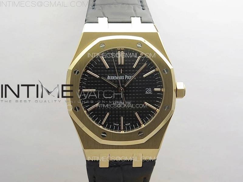 Royal Oak 41mm 15400 RG APSF 1:1 Best Edition Black Textured Dial on Black Leather Strap A3120 Super Clone V3