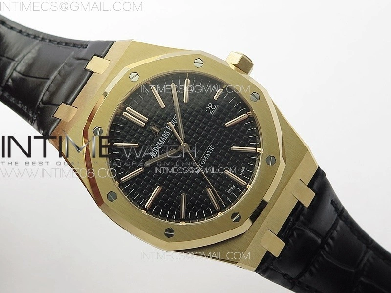 Royal Oak 41mm 15400 RG APSF 1:1 Best Edition Black Textured Dial on Black Leather Strap A3120 Super Clone V3