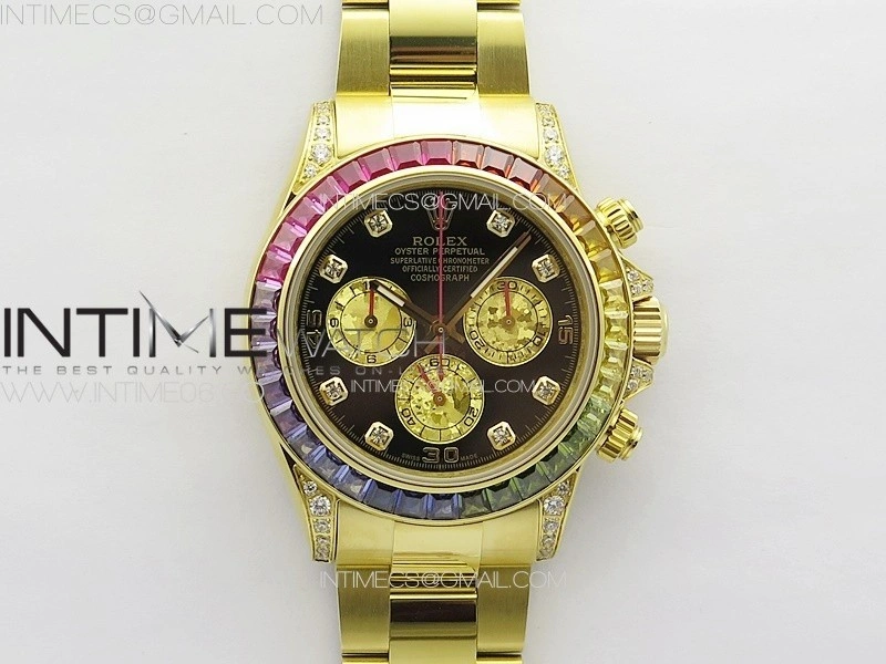 Daytona 116589RBOW YG Rainbow Crystal APSF Best Edition Black Dial on SS Bracelet A7750