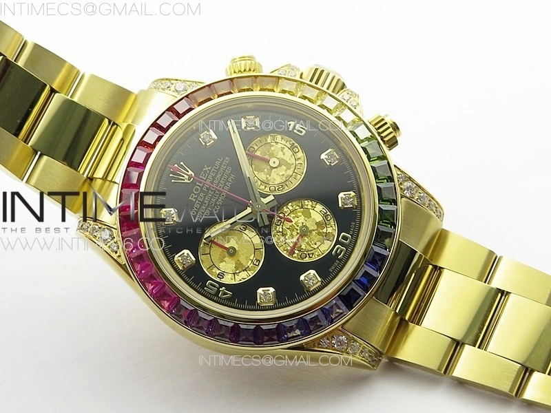 Daytona 116589RBOW YG Rainbow Crystal APSF Best Edition Black Dial on SS Bracelet A7750