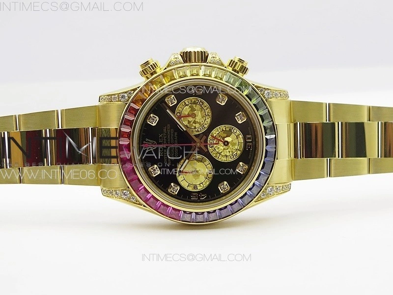 Daytona 116589RBOW YG Rainbow Crystal APSF Best Edition Black Dial on SS Bracelet A7750