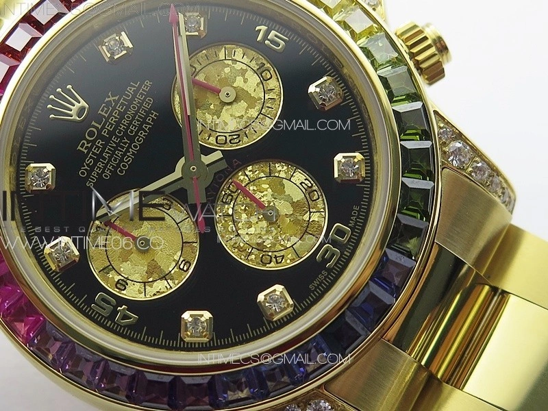 Daytona 116589RBOW YG Rainbow Crystal APSF Best Edition Black Dial on SS Bracelet A7750