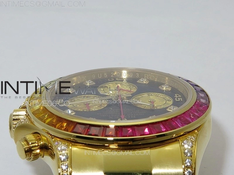 Daytona 116589RBOW YG Rainbow Crystal APSF Best Edition Black Dial on SS Bracelet A7750