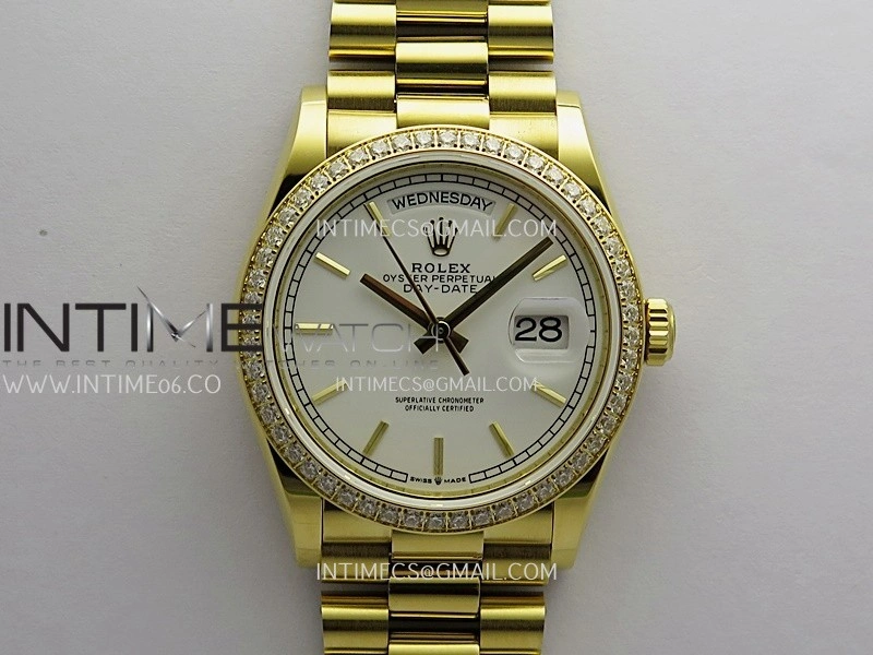 Day Date 128348 YG Gain Weight KF 1:1 White Dial Stick Marker On President Bracelet A2836